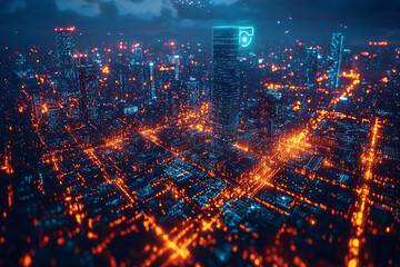 Poster - A futuristic cityscape with holographic advertisements and flying vehicles,