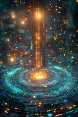 Poster - A digital interface floating in mid-air, surrounded by binary code and glowing holograms,