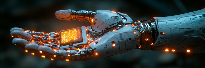 Poster - An advanced robotic hand holding a glowing data chip,