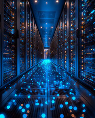 Poster - A server room with glowing racks of data storage units,