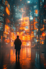 Poster - A human silhouette surrounded by floating digital screens and interactive holograms,