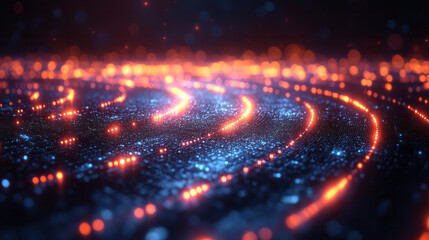 Poster - An abstract visualization of a blockchain network, interconnected glowing nodes,