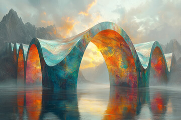 Poster - A surreal landscape with towering metallic arches,