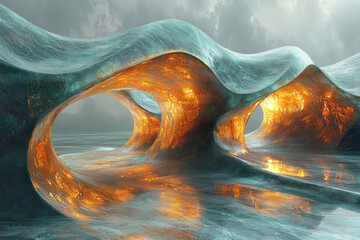 Leinwandbilder - A surreal scene with golden metallic arches,