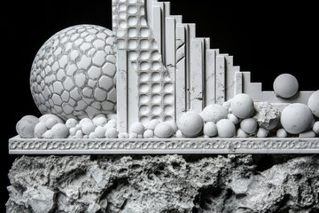 Wall Mural - A sculptural arrangement of geometric forms and textures on a rocky base.