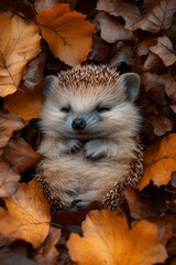 Aufkleber - A small hedgehog curled up in a bed of leaves,