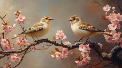 Poster - A pair of small birds perched on a blooming cherry tree branch,
