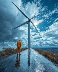 Poster - A sleek wind turbine spinning on a sunny day,