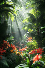 Poster - A lush rainforest ecosystem filled with diverse plants and animals,