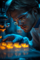 Poster - A biologist examining a petri dish with glowing cultures,