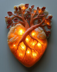 Poster - A detailed model of a human heart surrounded by glowing arteries,