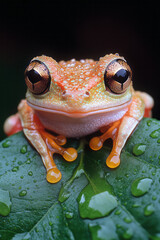 Aufkleber - A frog sitting on a vibrant green leaf in a rainforest,