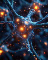 Poster - A detailed image of a neuron with glowing synaptic connections,
