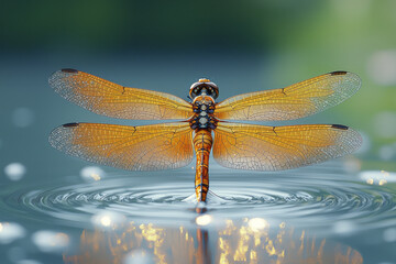Poster - A close-up of a dragonfly hovering above still water,