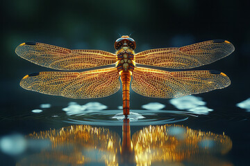 Aufkleber - A close-up of a dragonfly hovering above still water,