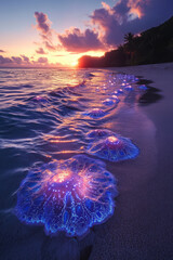 Wall Mural - A surreal scene of glowing plankton illuminating the ocean surface,