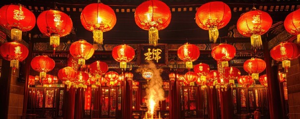 Poster - A vibrant display of red lanterns illuminating a traditional setting, symbolizing celebration.