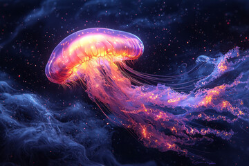 Poster - A glowing jellyfish drifting through a dark ocean,