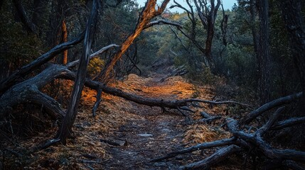 Wall Mural - Forest path with fallen trees and golden light.