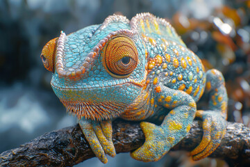 Wall Mural - A close-up of a chameleon changing colors on a branch,