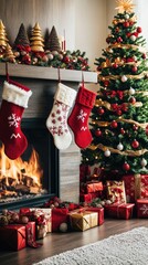 Poster - A cozy Christmas scene with a decorated tree, stockings, gifts, and a warm fireplace.