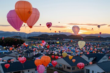 Wall Mural - Makar Sankranti. A breathtaking scene of heart-shaped hot air balloons soaring above a village at sunset.