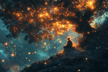 Poster - A philosopher sitting under a tree with glowing symbols floating around,