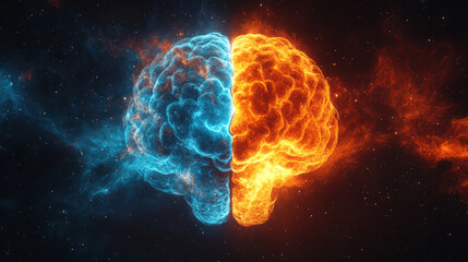 Poster - A glowing brain split into creative and logical halves,