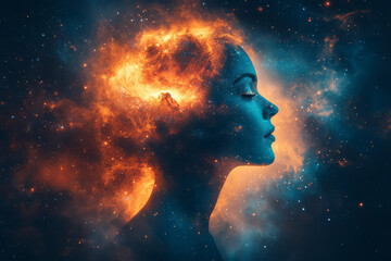 Poster - A glowing silhouette with a galaxy inside the head,