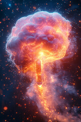 Poster - A surreal representation of innovation with glowing rockets launching from a brain,