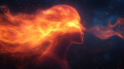 Poster - A silhouette with glowing waves emanating from the head,
