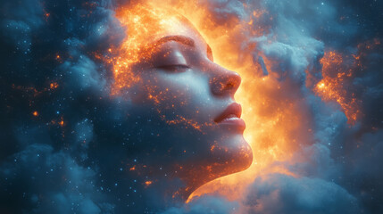 Poster - A glowing human head filled with swirling galaxies,