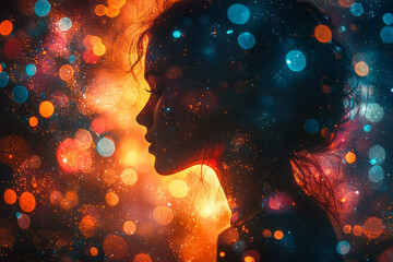 Poster - A glowing silhouette of a person surrounded by vibrant thought bubbles,