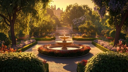 Wall Mural - Sunlit formal garden with fountain and chateau.