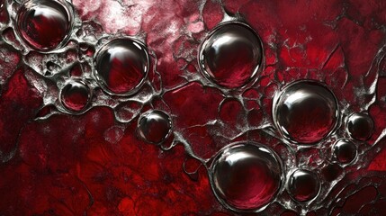 Wall Mural - Abstract red textured background with metallic bubbles.