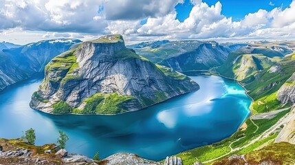 Canvas Print - Panoramic view of a fjord surrounded by majestic mountains under a partly cloudy sky.