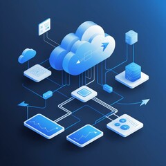 Aufkleber - 3D rendering of a cloud network architecture showing data transfer between clouds and various devices in an isometric view.
