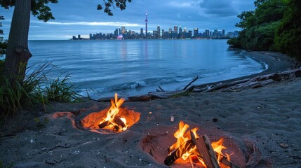 Canvas Print - Two campfires on sandy beach at dusk, city skyline in background.