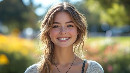 Wall Mural - A young woman laughs in a park, radiating positivity and confidence