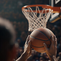 Player prepares to shoot basketball during a competitive game in an indoor arena filled with cheering fans