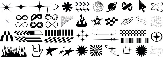 Y2K design element vector set, abstract symbols, infinity sign, star, flame, checkered patterns, planets, cursor, grid, retro aesthetic, graphic vector shapes for futuristic backgrounds