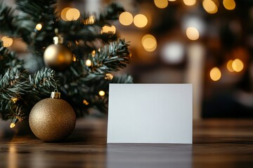 Wall Mural - Empty card placed near a decorated Christmas tree with gold ornaments and soft bokeh lights in the background