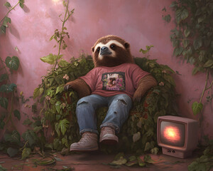 sloth wearing 90s graphic tee and baggy jeans sits comfortably among green plants, exuding relaxed v