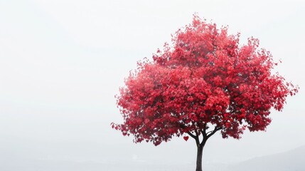 A vibrant red tree with heart-shaped leaves, its striking color symbolizing love and nature beauty, set against a pristine white background, bold and elegant