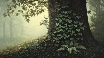 Misty forest scene with ivy-covered tree trunk.