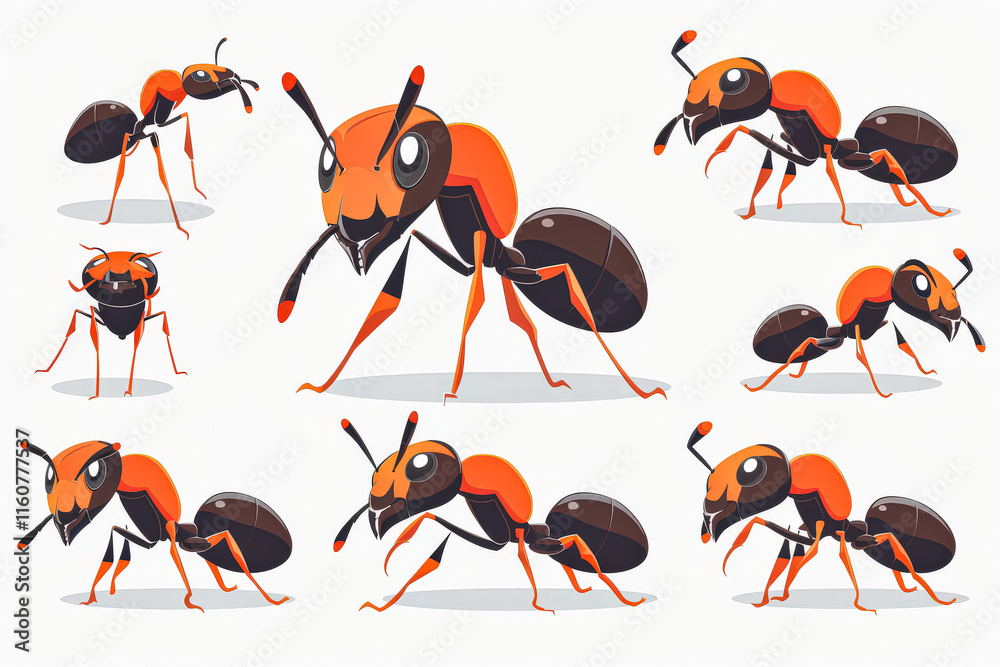 Series of drawings of a red and black ant. The drawings are all ...