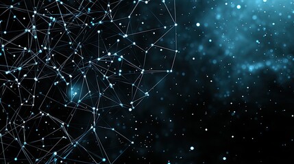 Leinwandbilder - Abstract blue background with glowing lines and dots illustrates a complex network design for tech presentations and data connectivity