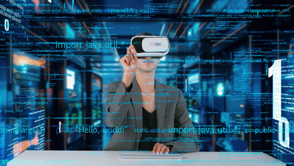 Wall Mural - IT developer typing computer code for analyzing intelligent website development coder system data selection by VR innovation interface digital network technology visual hologram server. Contraption.