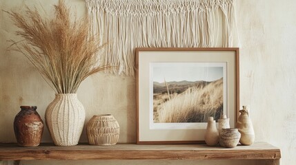 Poster - Rustic shelf with vases, pampas grass, framed landscape photo, and wall hanging.