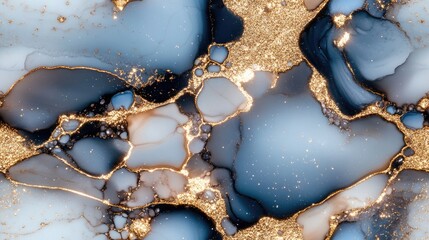 Poster - Luxurious black and white marble design with alcohol ink features gold, gray, and silver accents, offering an elegant and modern aesthetic